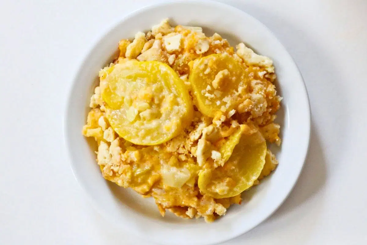 Vegan Southern Squash Casserole in a bowl.