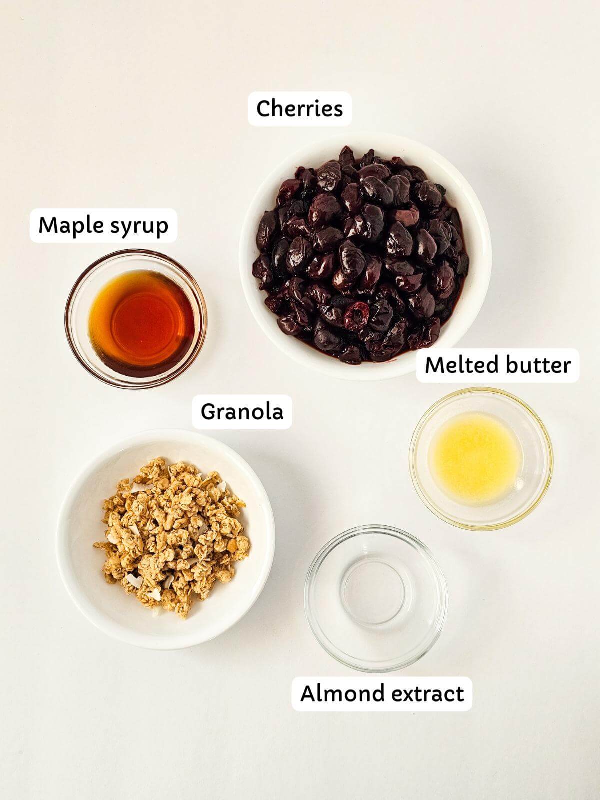 Labeled ingredients for making gluten free cherry crisp.