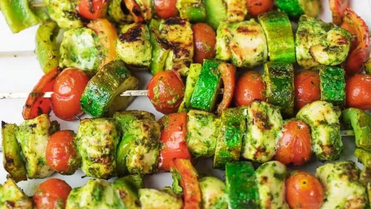 Grilled chicken and veggie kabobs.