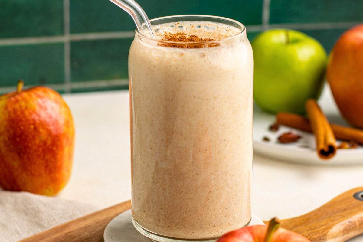 Apple Pie Protein Smoothie in a glass.