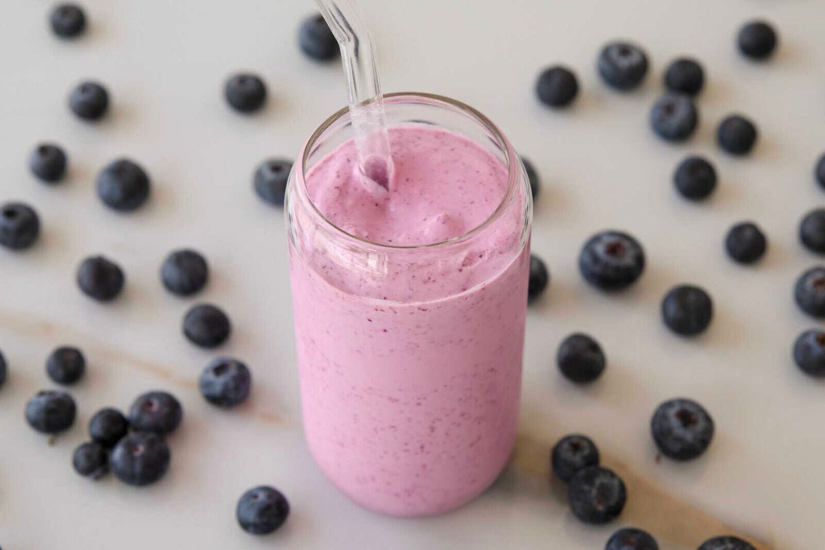 Blueberry Cottage Cheese Smoothie served in a glass.