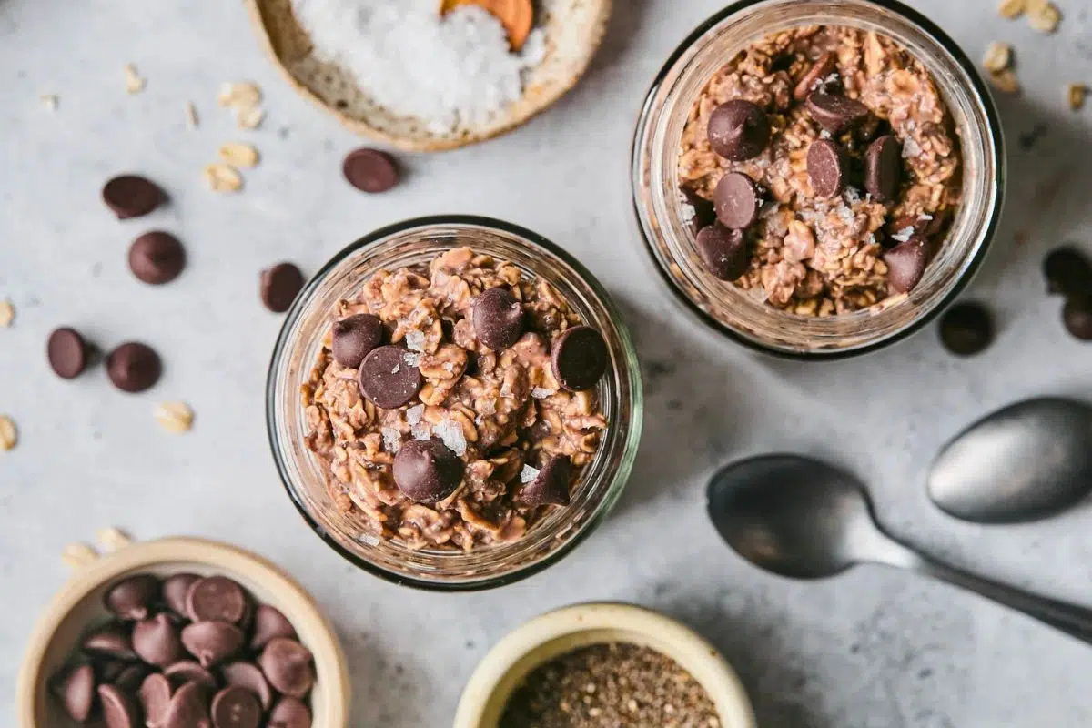 Double Chocolate Overnight Oats topped with chocolate chips.