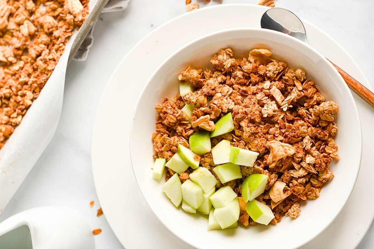 Cinnamon Apple Granola served in a bowl.
