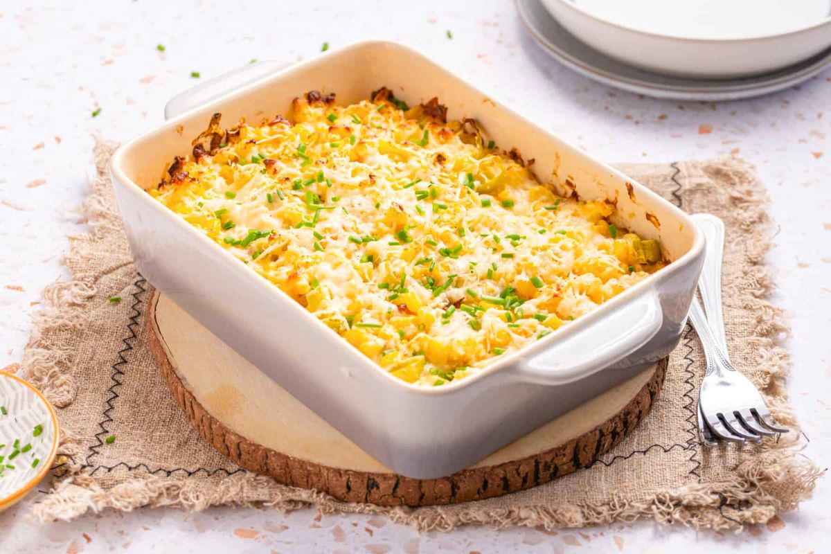Corn Casserole with Cream Cheese in a baking dish.