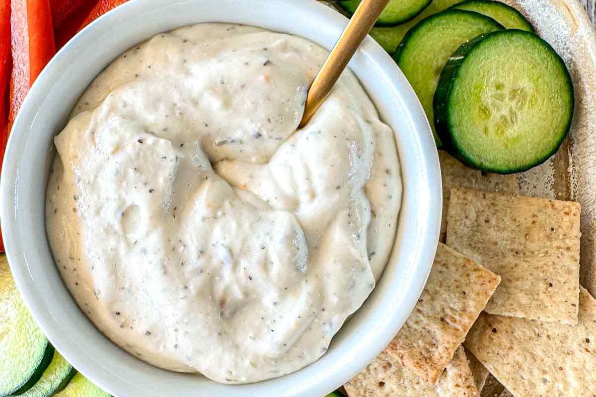 Cottage Cheese Ranch Dip close up look.