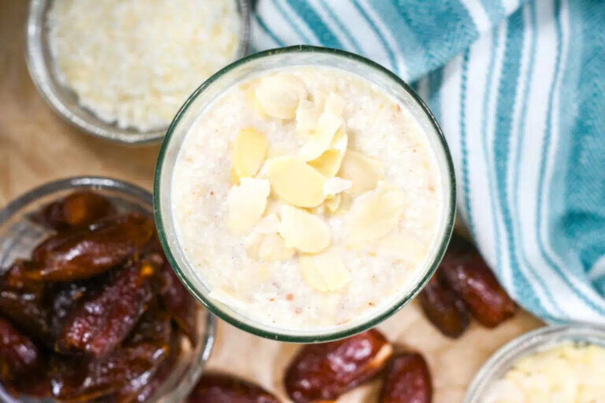 Date Smoothie with Almond Milk overhead view.
