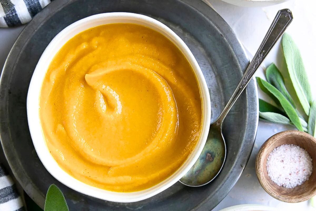 Acorn Squash Soup served in a bowl.