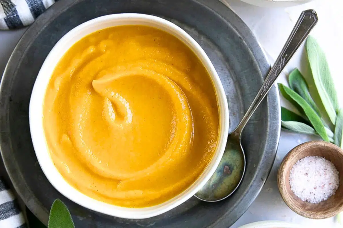 Acorn Squash Soup served in a bowl.