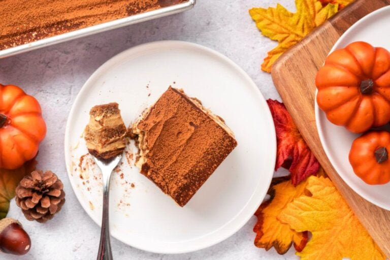 Pumpkin Spice Tiramisu served on a plate.