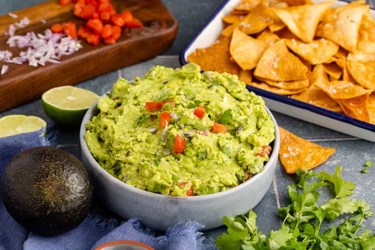 Guacamole and Chips served in a bowl.