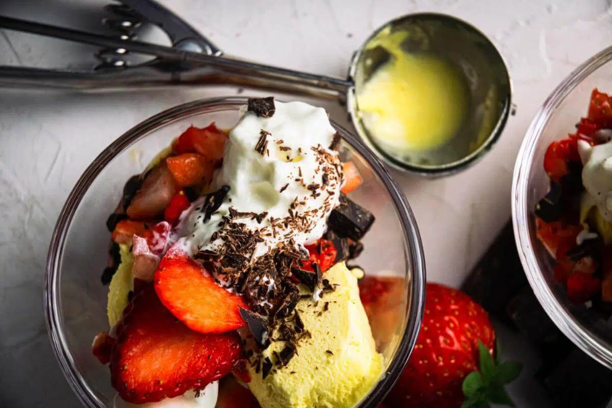 A strawberry ice cream sundae.