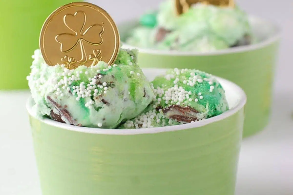 Leprechaun ice cream in a green bowl.