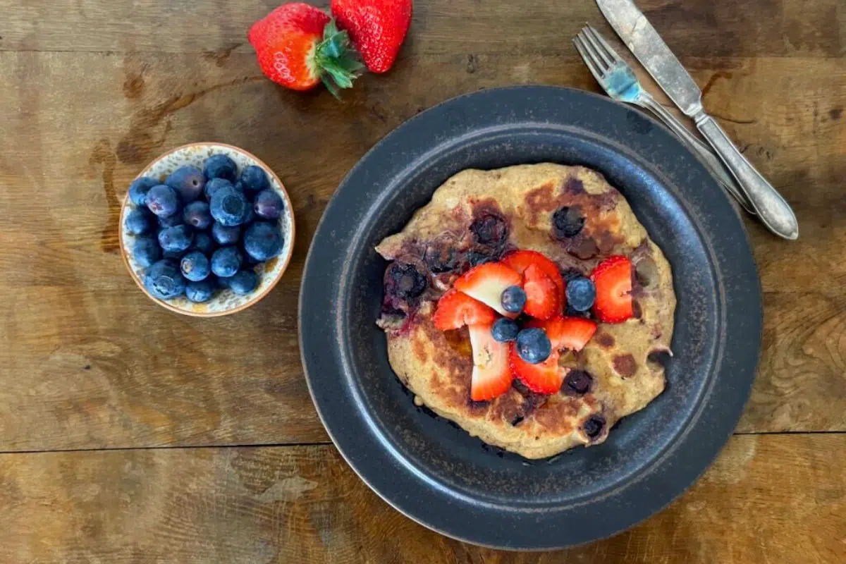 Oat Flour Banana Pancakes with Blueberries overhead view.