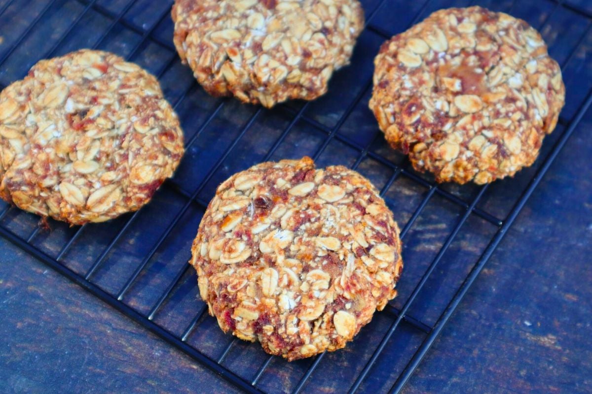 Vegan Oatmeal Cookies on a cooling rack.