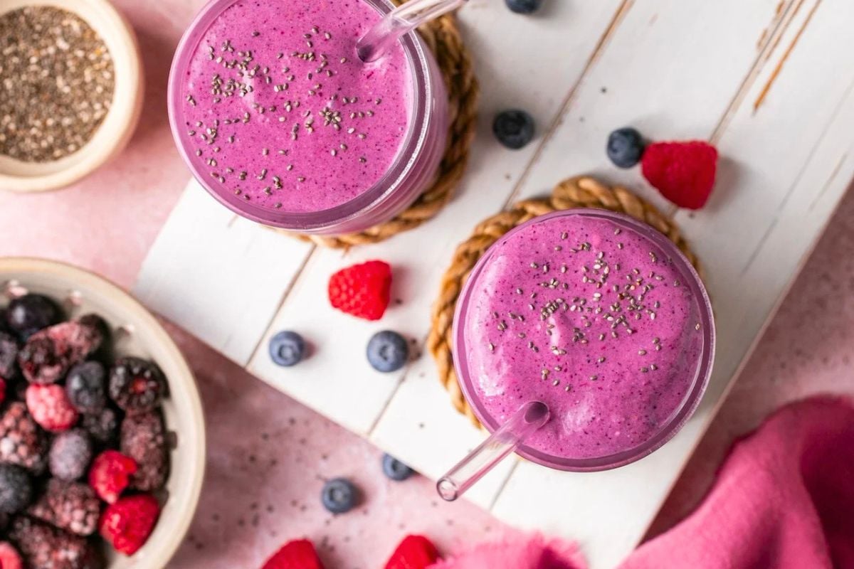 Berry Cottage Cheese Smoothie overhead view.