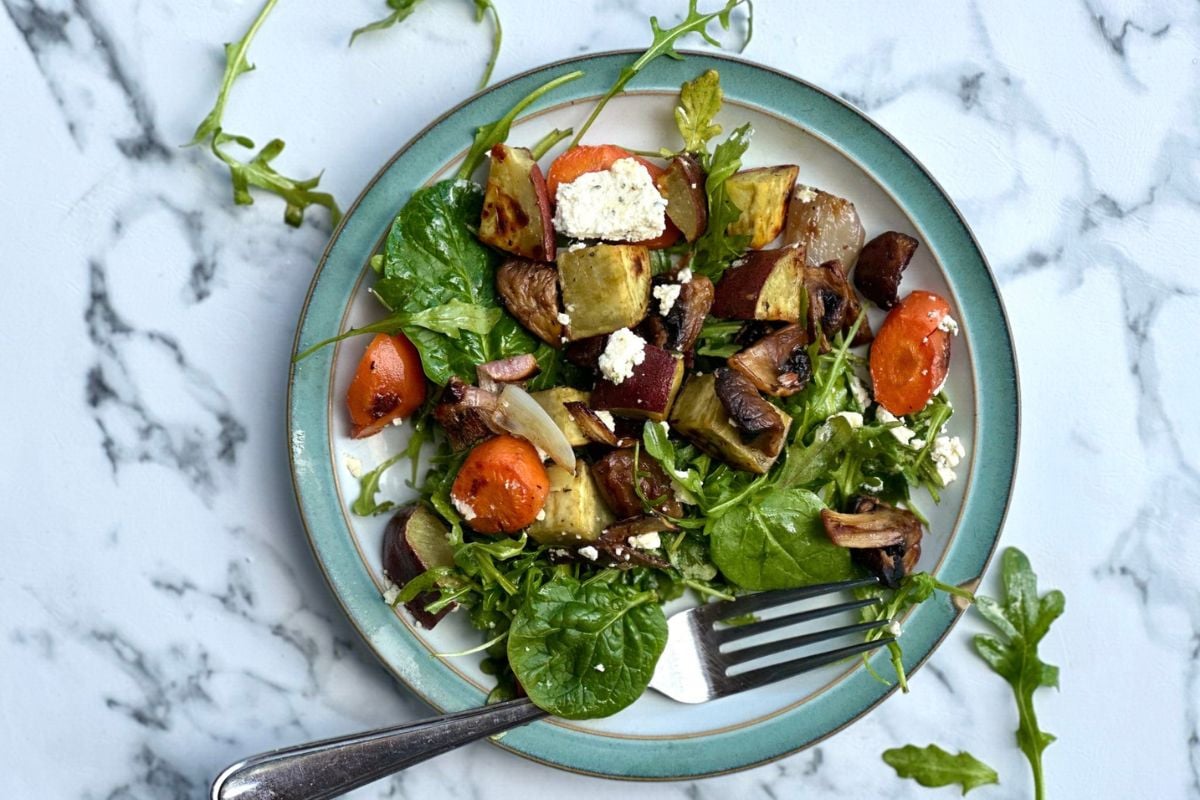 Roasted Vegetable Salad with Boursin served on a plate.