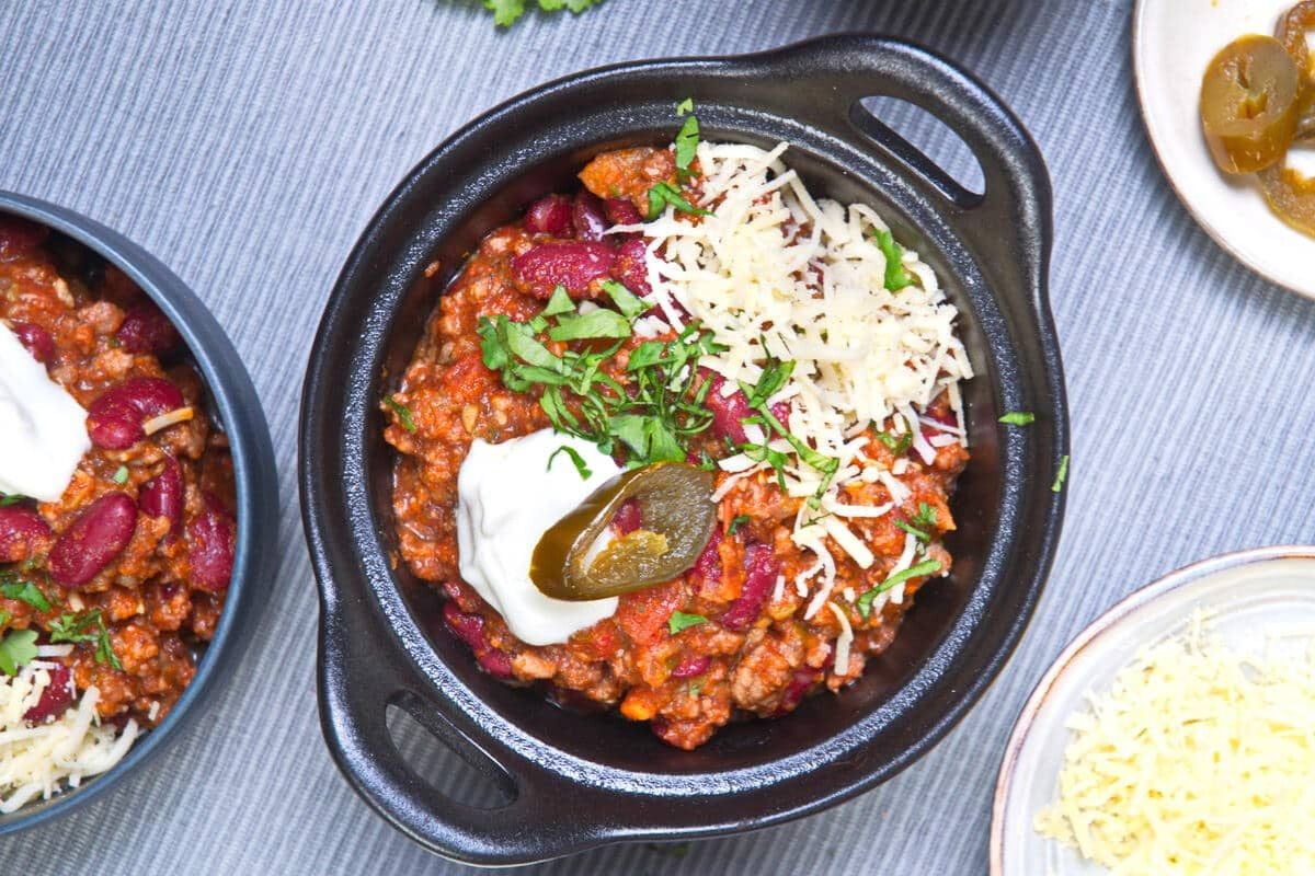 Slow Cooker Bison Chili overhead view.