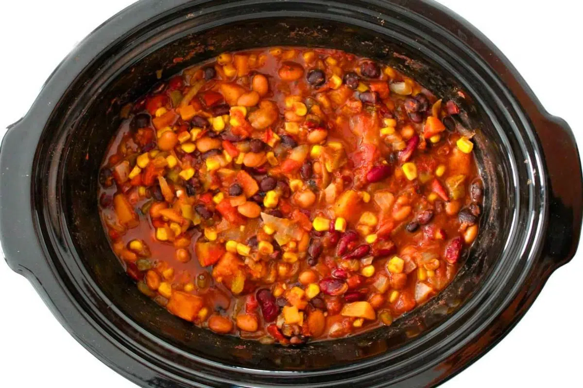 Slow Cooker Vegan Chili overhead view.