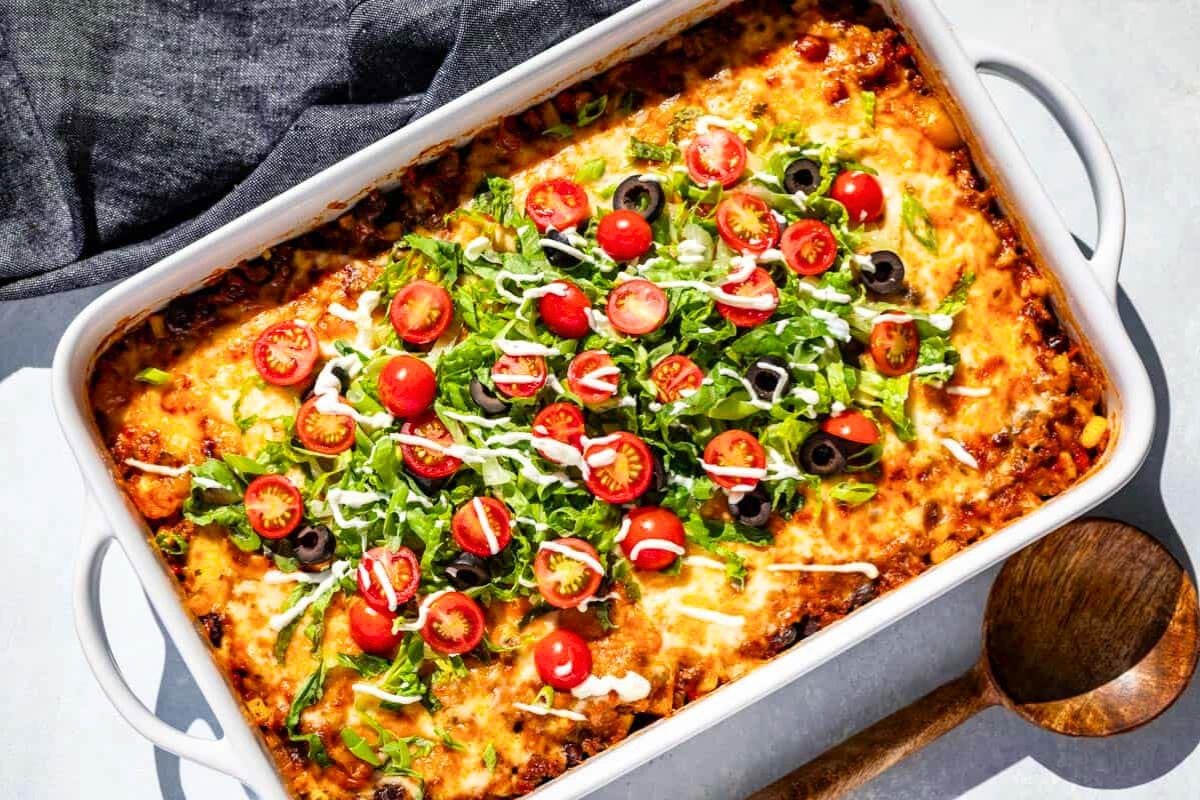 Taco Casserole in a baking dish.