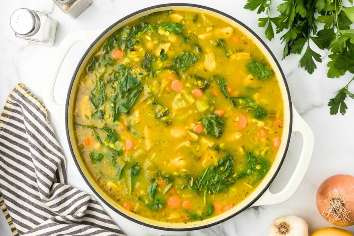 Turkey and Wild Rice Soup in a pot.