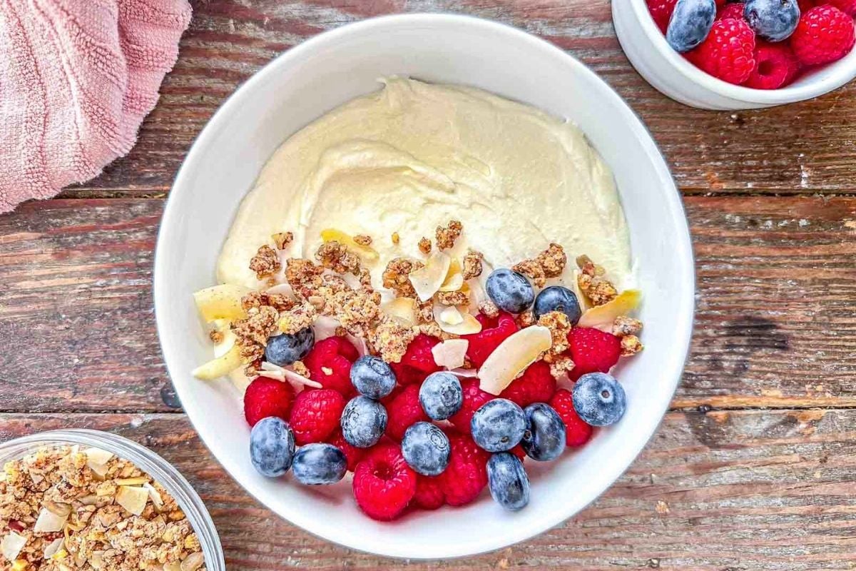 Cottage Cheese With Fruit Breakfast Bowl topped with berries.