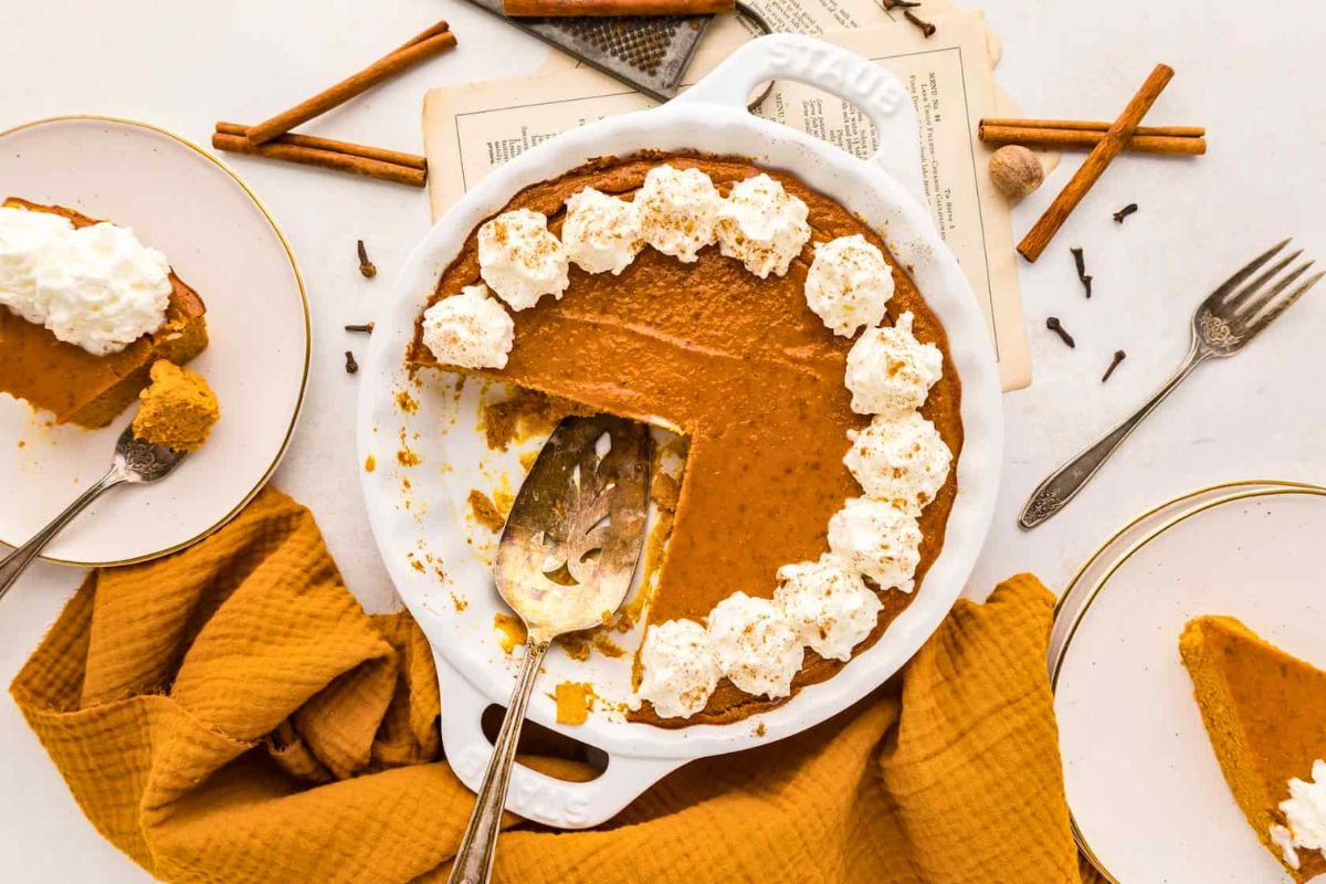 Crustless Pumpkin Pie overhead view.