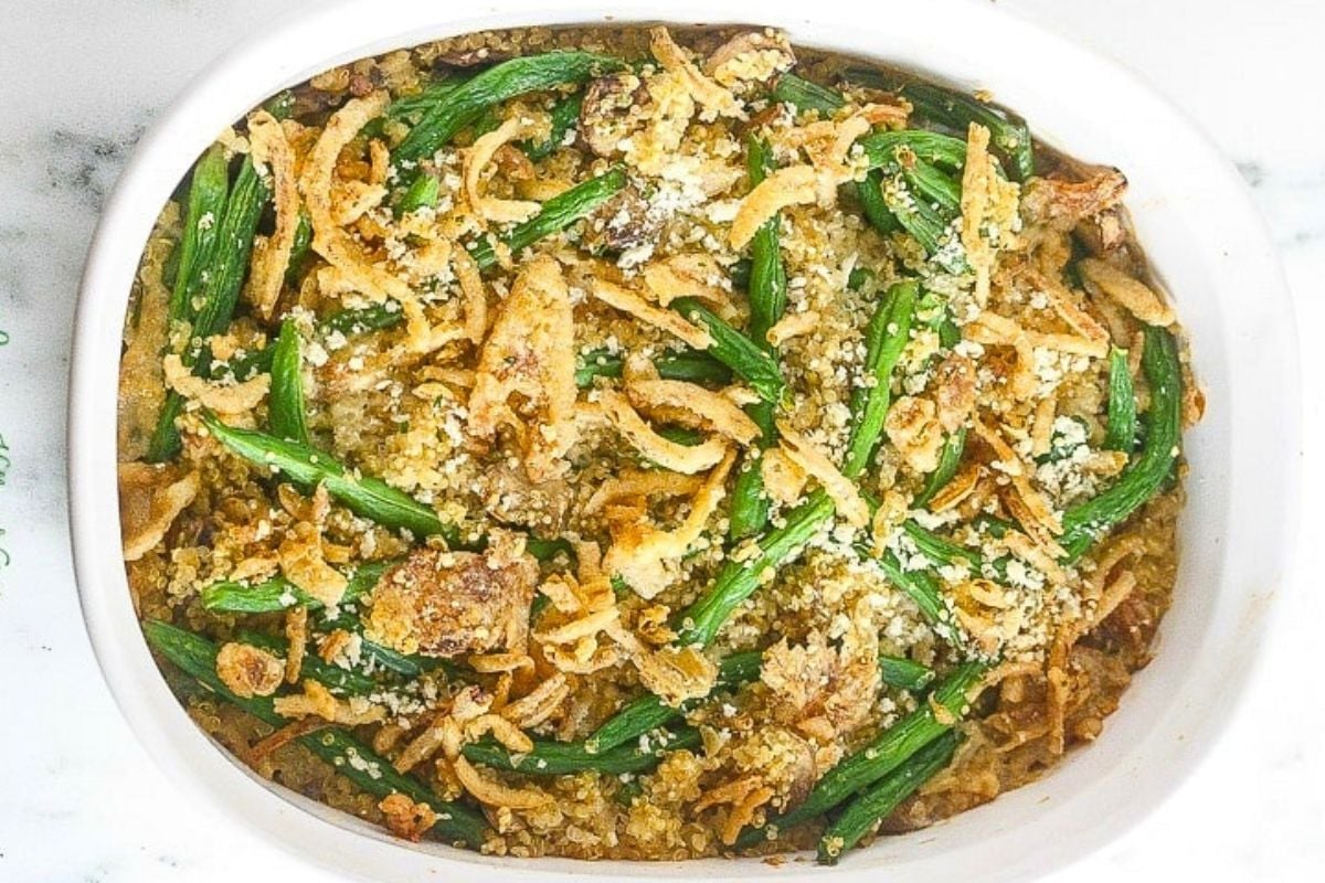 Green Bean Quinoa Casserole in a baking dish.