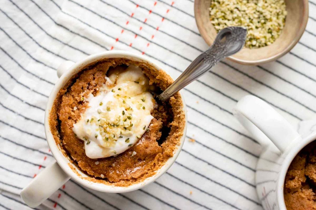Oatmeal Mug Cake overhead view.