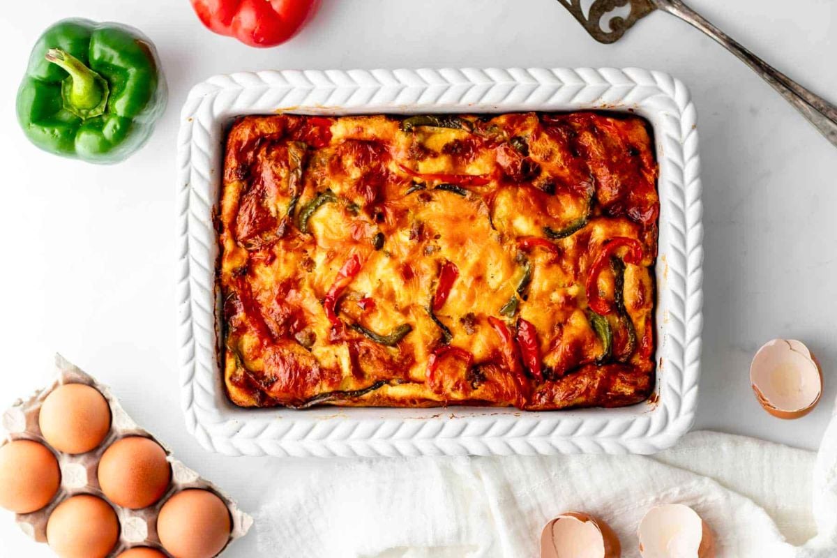 High Protein Breakfast Casserole in a baking dish.