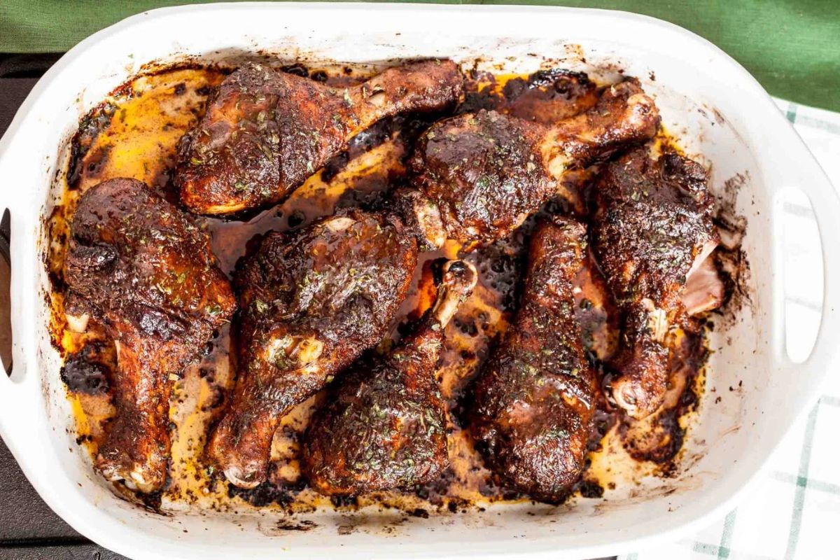 Jamaican Jerk Chicken in a baking dish.