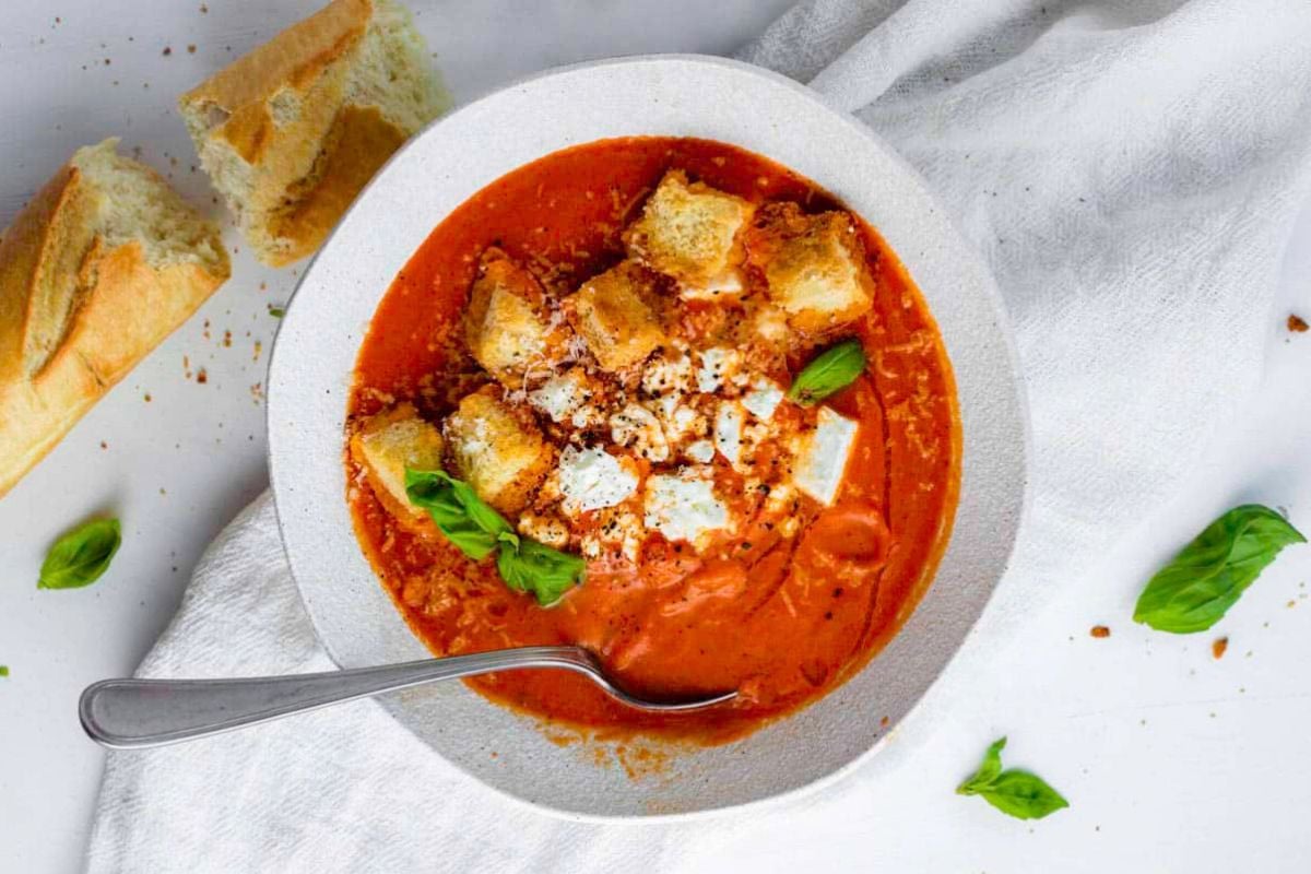 Mediterranean Tomato Soup with Feta overhead view.