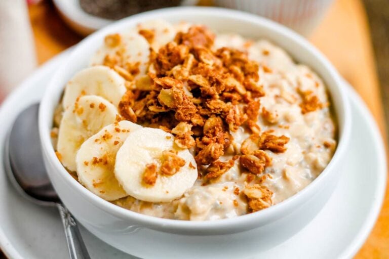 Peanut Butter Banana Overnight Oats served in a bowl.