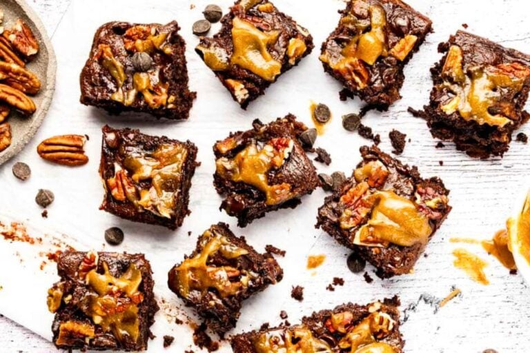 Pecan Caramel Brownies with Homemade Date Caramel overhead view.
