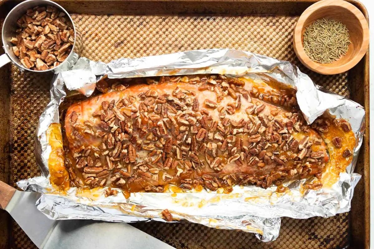 Pecan Crusted Salmon overhead view.