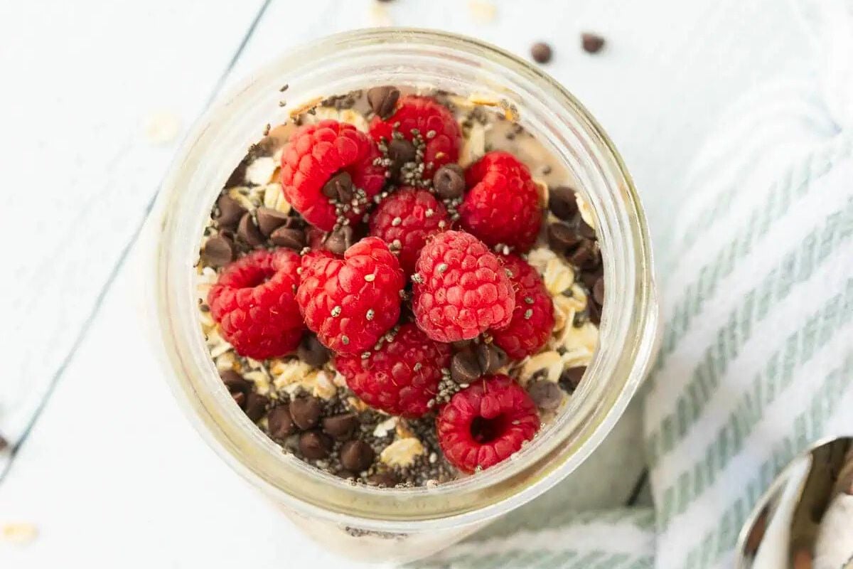 Raspberry Overnight Oats in a jar.