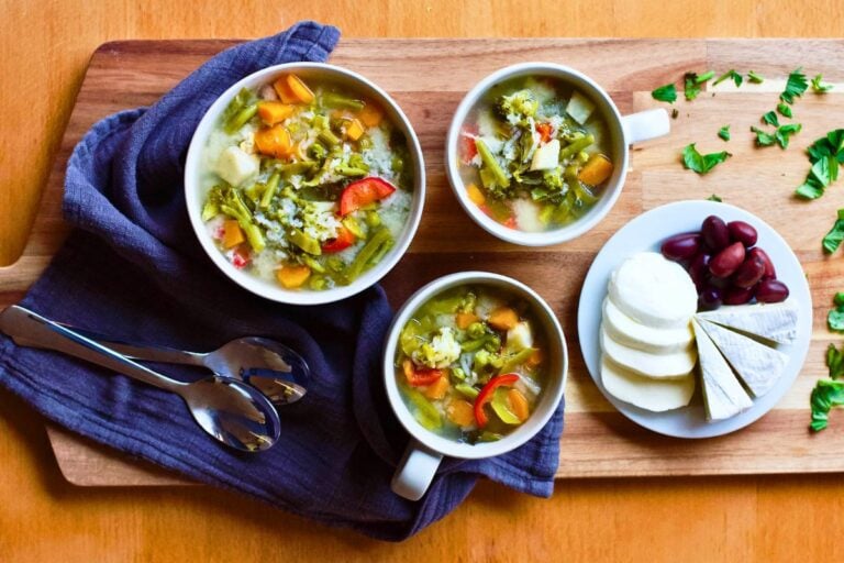 Romanian Vegetarian Sour Soup overhead view.