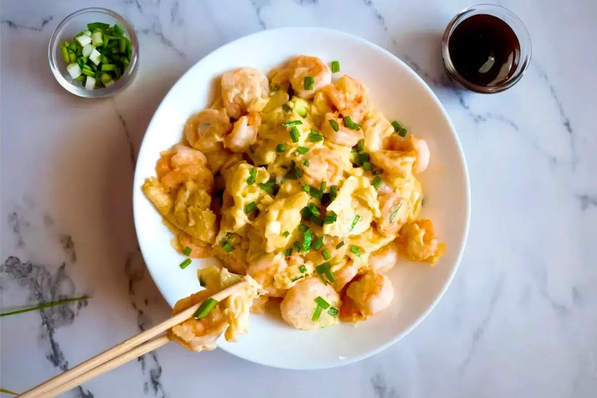 Chinese Stir Fry and Scrambled Eggs overhead view.