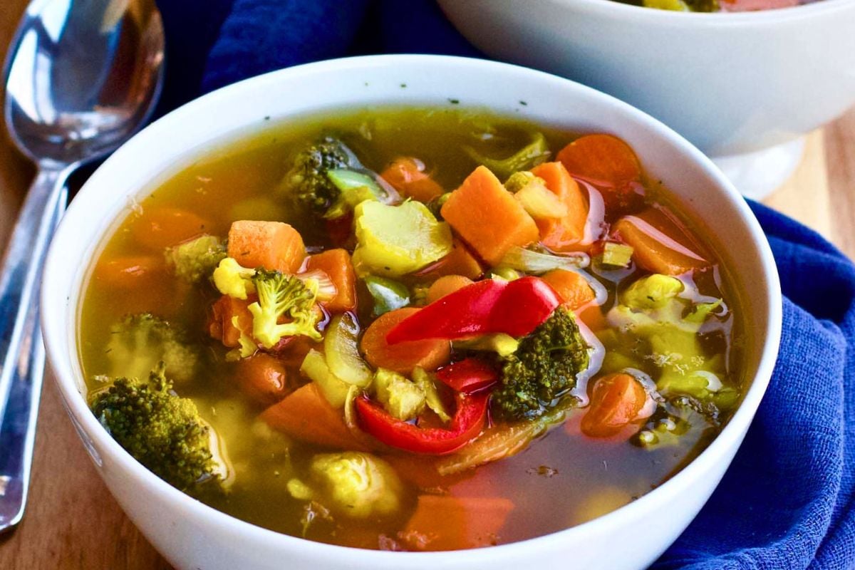 A bowl of Spicy Colorful Vegetable Sour Soup.