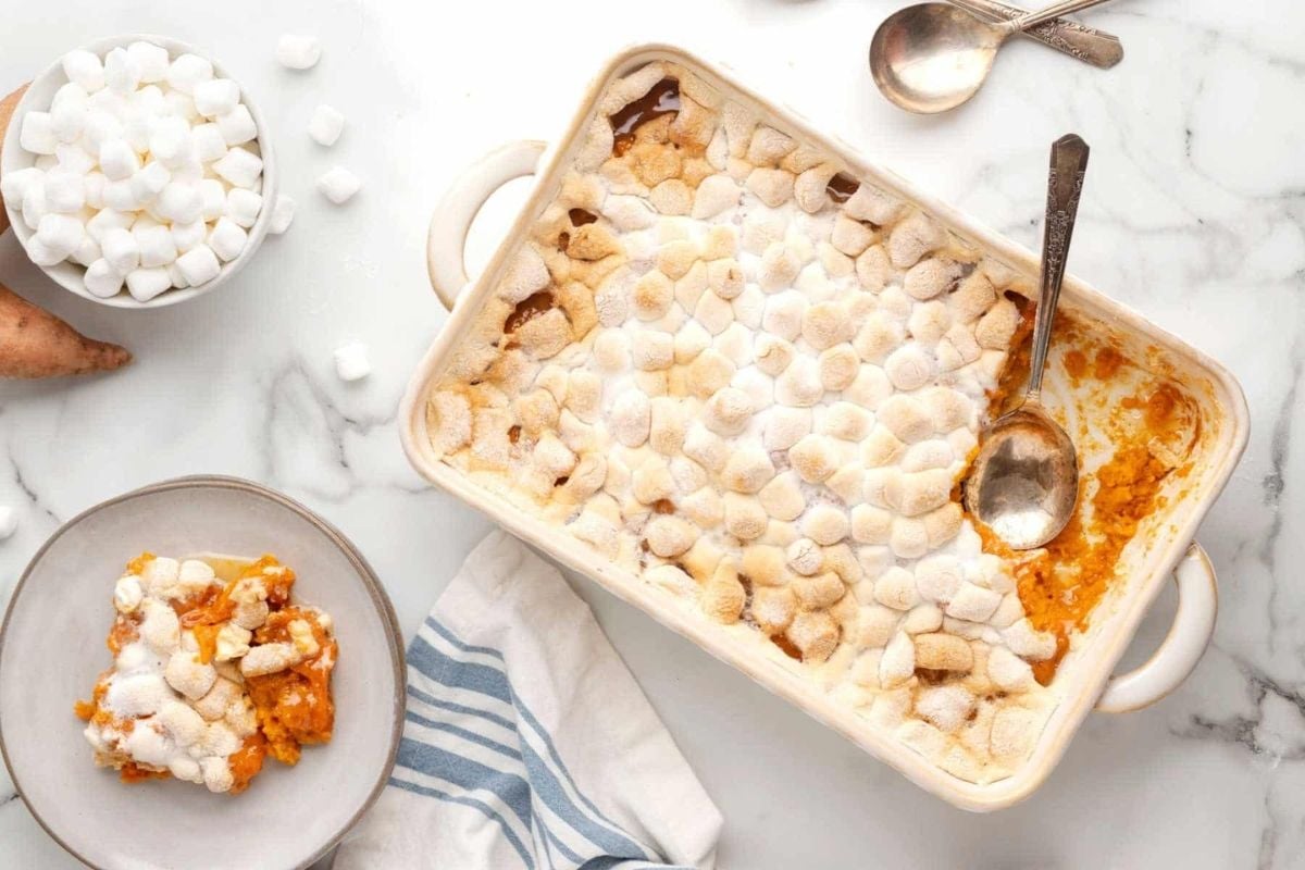 Sweet Potato Casserole with Marshmallows in a baking dish.