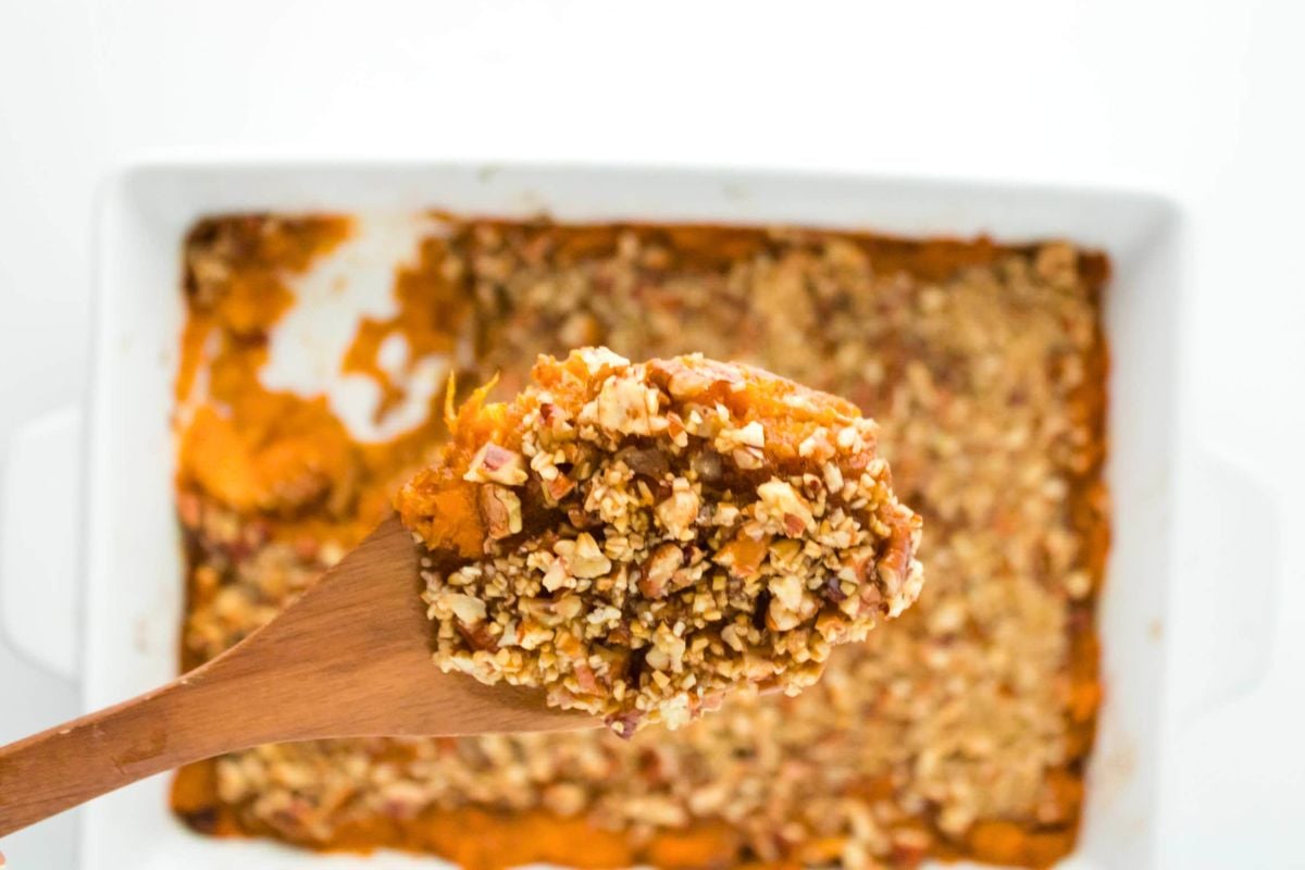 Maple Sweet Potato Casserole with Pecan Topping close up look.