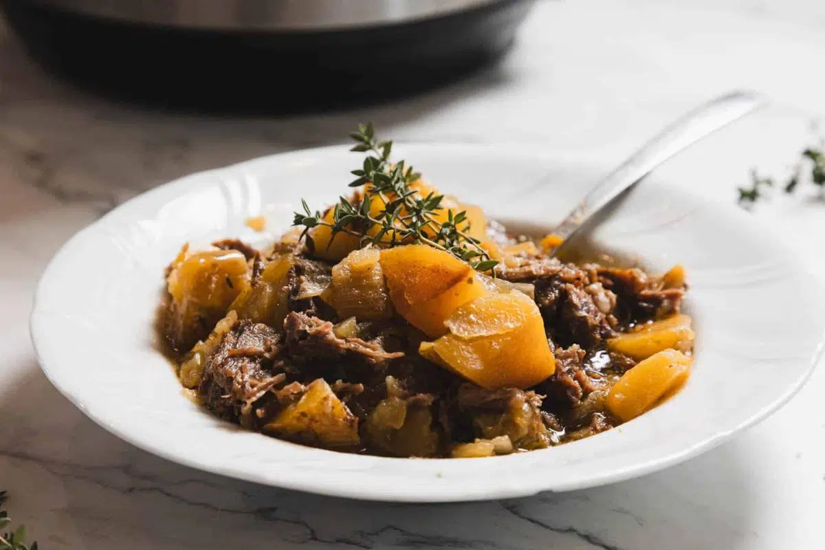 Pot roast on a white plate.