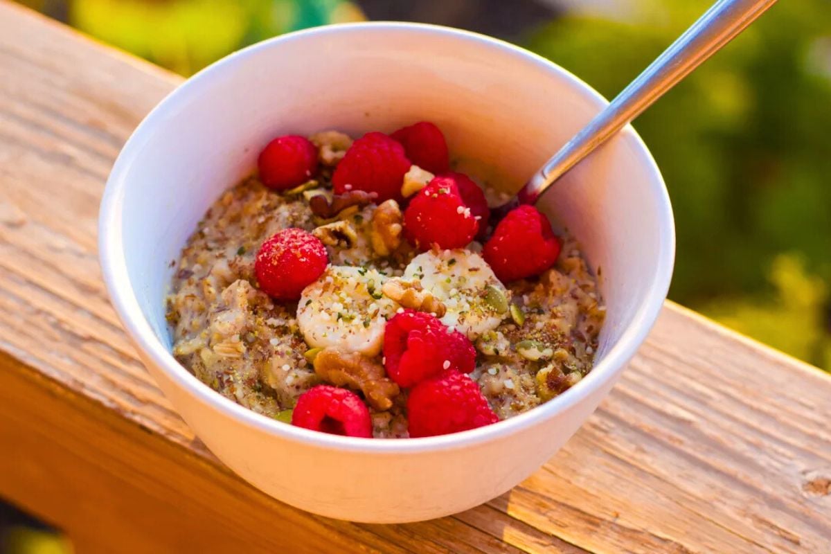 High Protein Vegan Oatmeal served in a bowl.