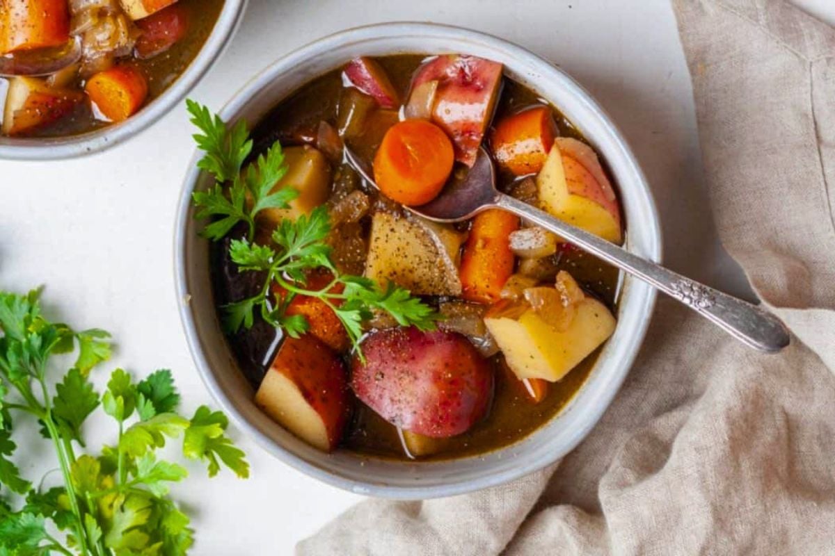 Vegetarian Beef Stew topped with cilantro.