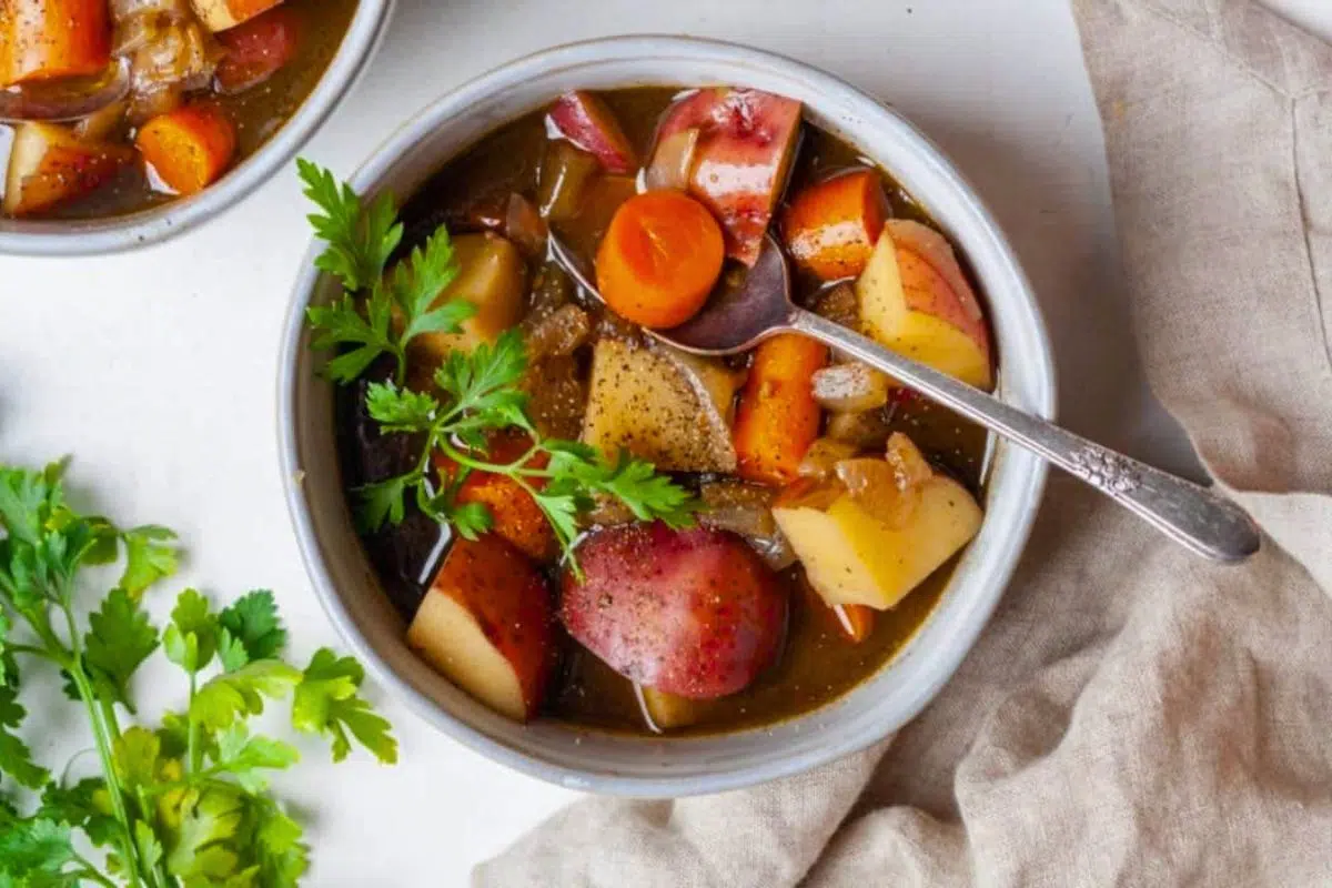 Vegetarian Beef Stew topped with cilantro.