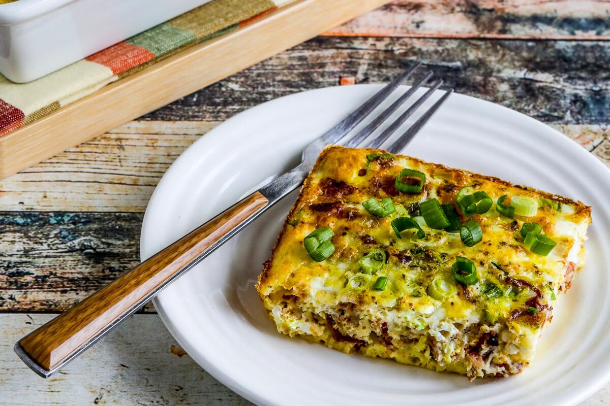 A slice of Bacon Feta Breakfast Casserole.