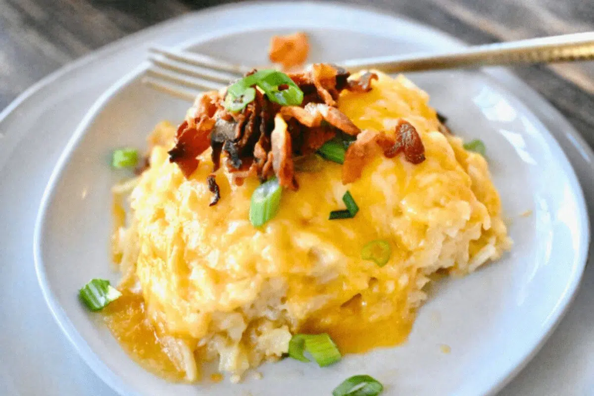 Crockpot Hashbrown Casserole served on a plate.