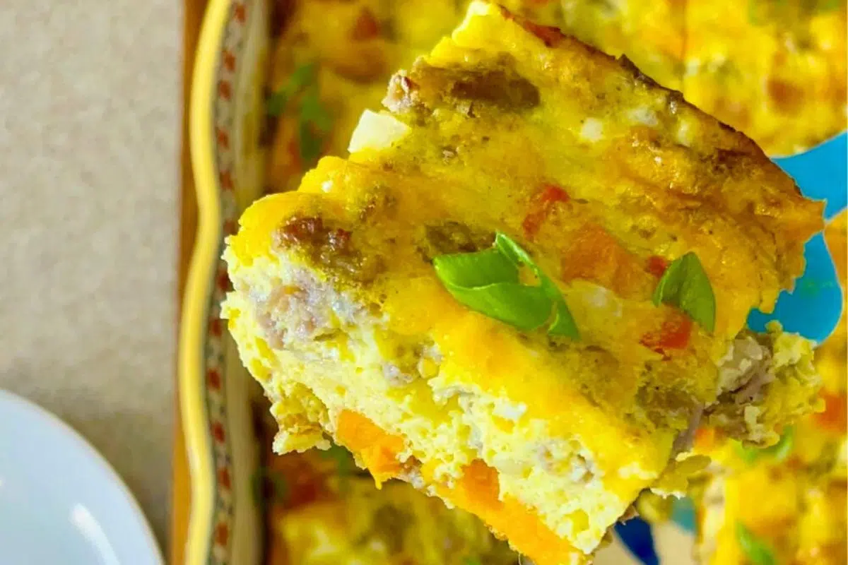 Baked Eggs Sweet Potato Casserole close up look.