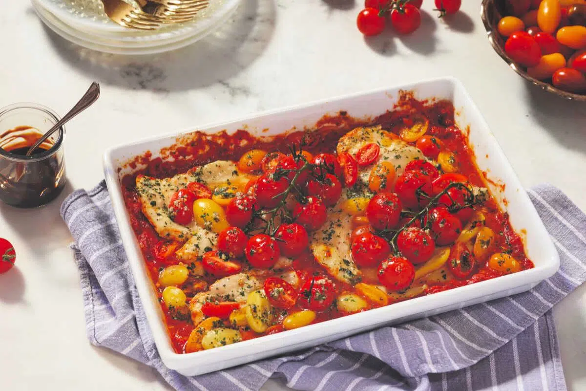 Fresh Tomato Bruschetta Chicken in a baking dish.