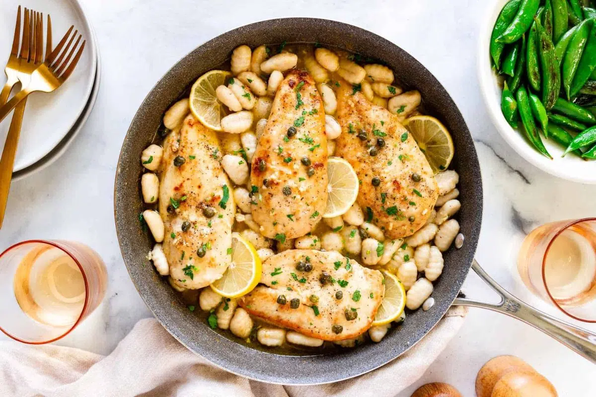 Chicken Piccata with Gnocchi in a pan.