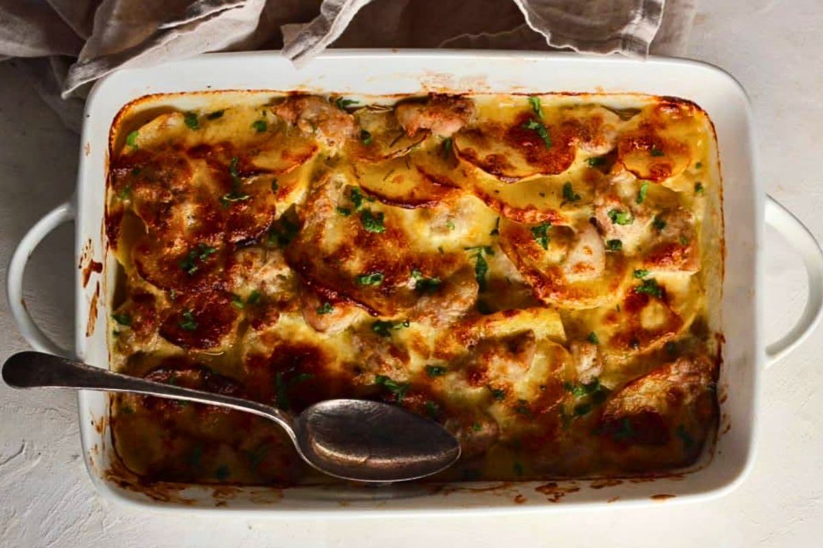 Chicken and Potato Bake in a baking dish.